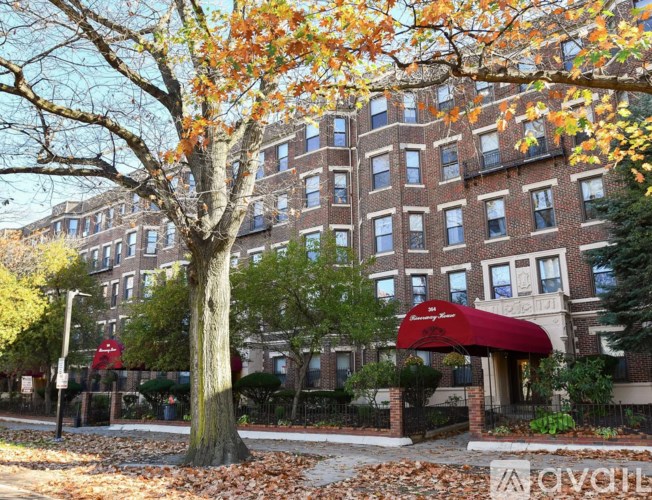 A tree with yellow leaves stands in front of a brick building.