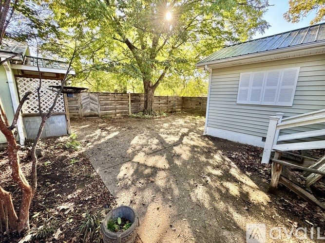 A backyard with a tree, a fence, and a shed.