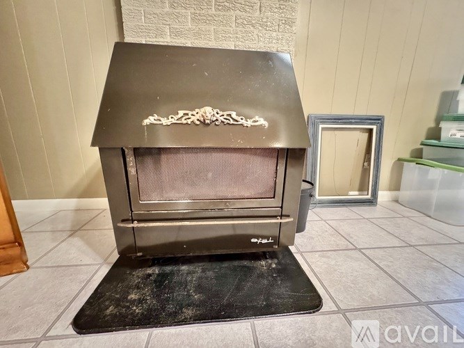 A wood stove with a metal grate in front of it.