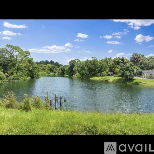A serene lake surrounded by lush greenery under a clear blue sky.