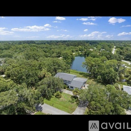 A house is surrounded by trees and a body of water.