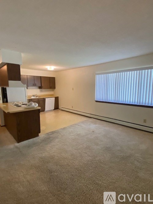 A room with a carpeted floor and a window with blinds.