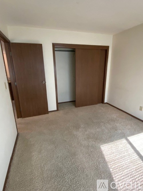 A room with a carpeted floor and two brown doors.