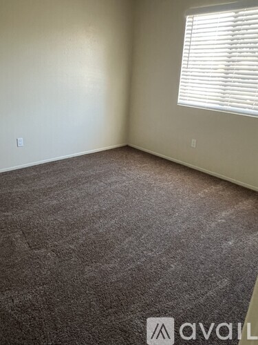 A room with a carpeted floor and a window with blinds.
