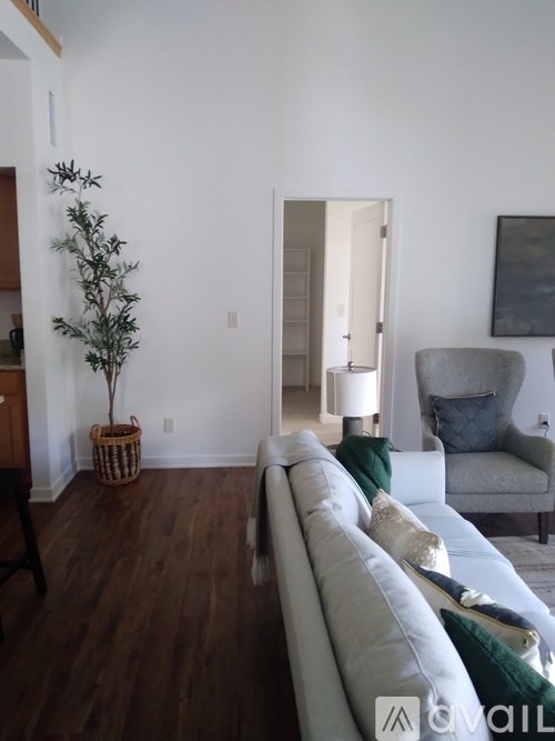 A living room with a white couch and a grey armchair.