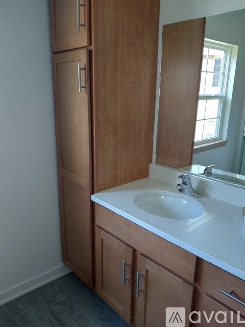 A bathroom with a sink and a cabinet.