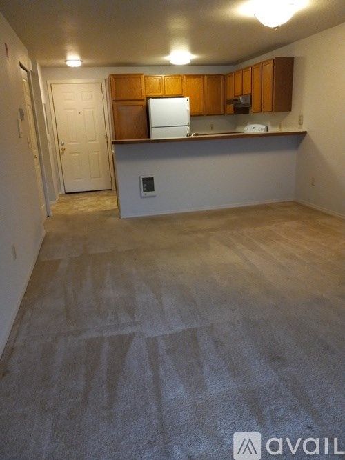 A kitchen area with wooden cabinets and a white fridge.