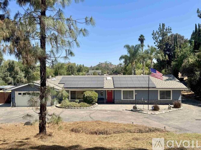 A house with a flag on the front is surrounded by trees and has a driveway.