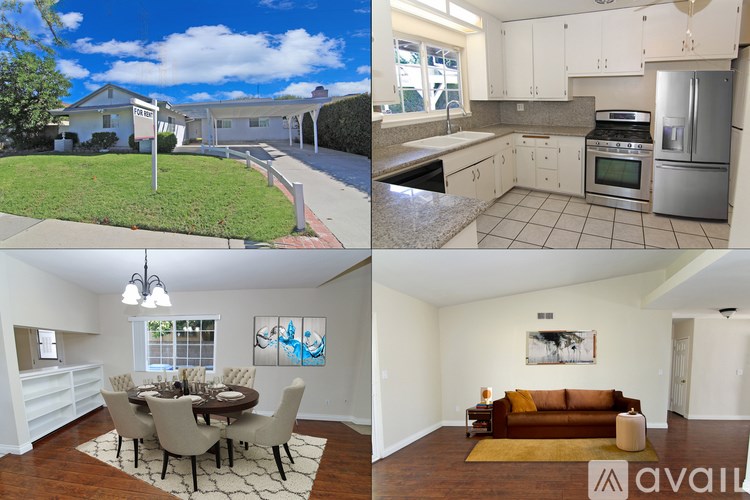 A collage of images showing a house, kitchen, dining area, and living room.