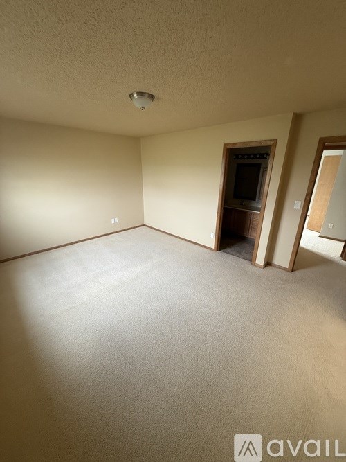 A room with a carpeted floor and a doorway leading to another room.