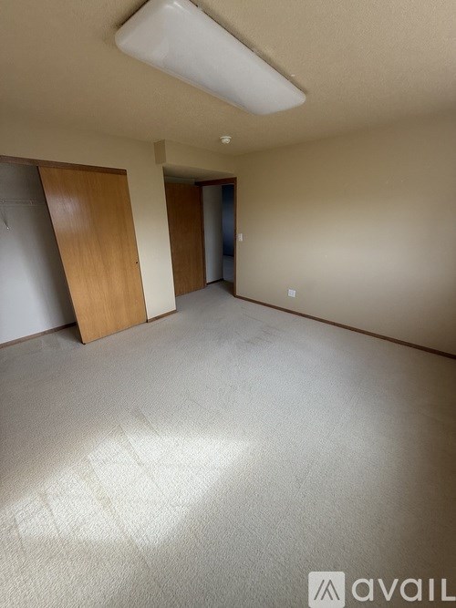 A room with a carpeted floor and a ceiling light.
