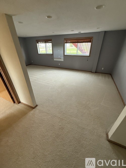 A spacious room with a carpeted floor and two windows.