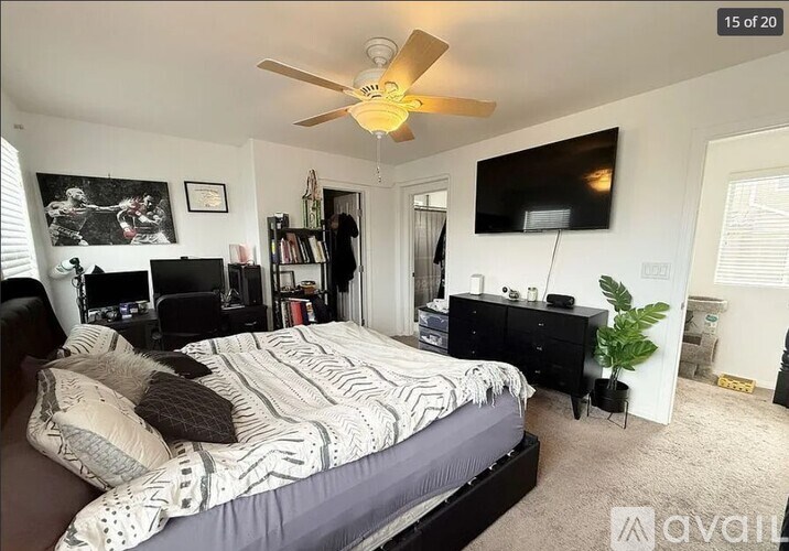 A bedroom with a large bed, a flat screen TV, and a ceiling fan.