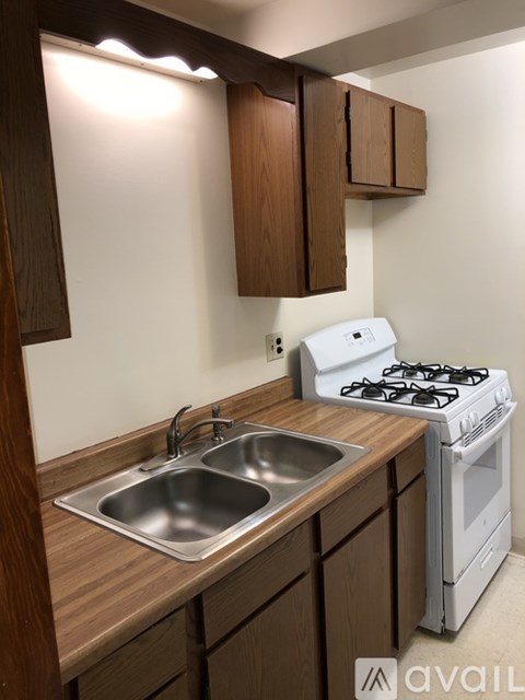 A kitchen with a stove, sink and cabinets.