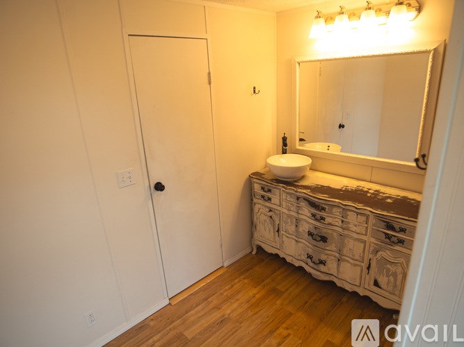 A bathroom with a sink, mirror, and wooden floor.