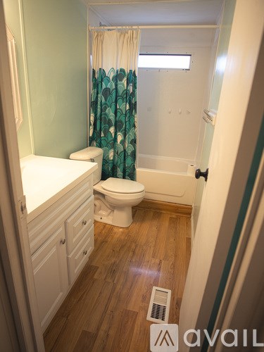 A small bathroom with a toilet, sink, and wooden floor.