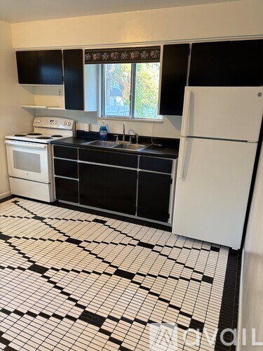 A kitchen with black and white tiles on the floor.