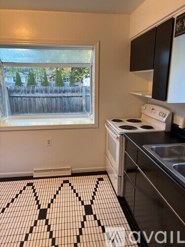 A kitchen with a black and white tiled floor.