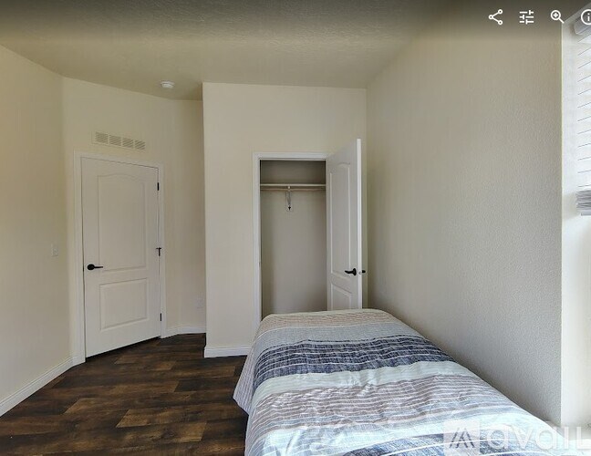 A bedroom with a bed, two closets, and a door.