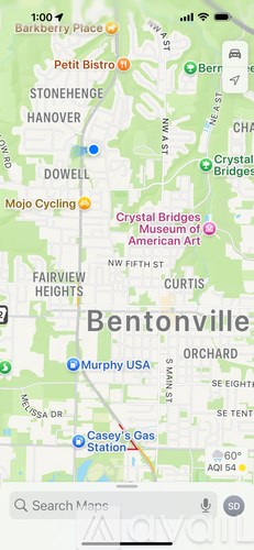 A map of Bentonville with various landmarks and streets labeled.