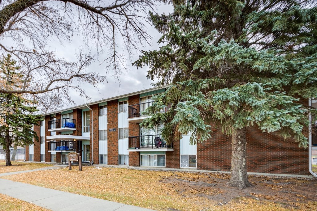 A tree in front of a brick building with balconies.