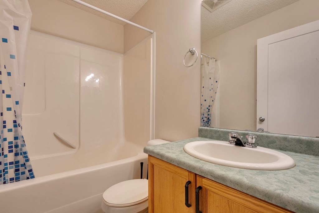 A white toilet sits next to a bathtub in a bathroom.