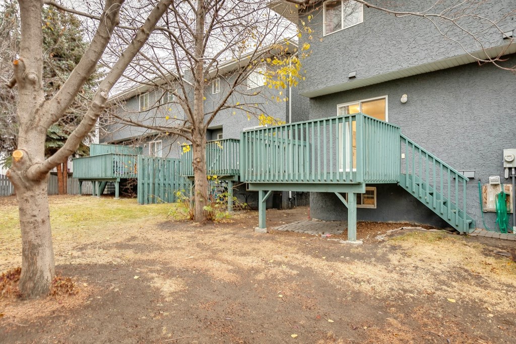 A tree in front of a grey building with a green staircase.