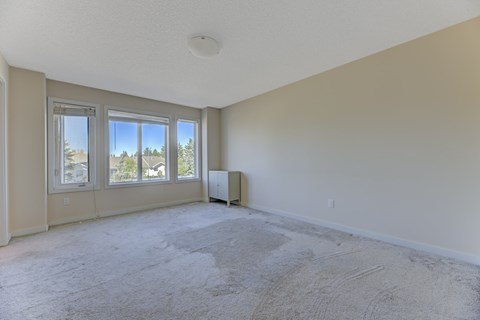 A room with a carpeted floor and a window with a view of trees.