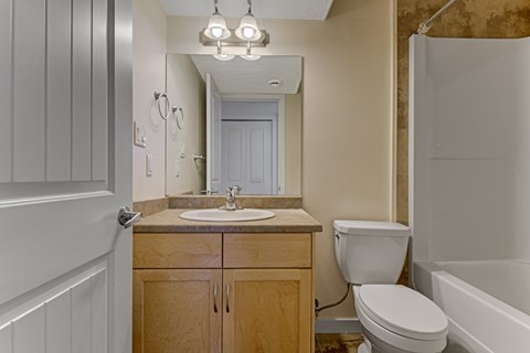 A bathroom with a toilet, sink, and mirror.