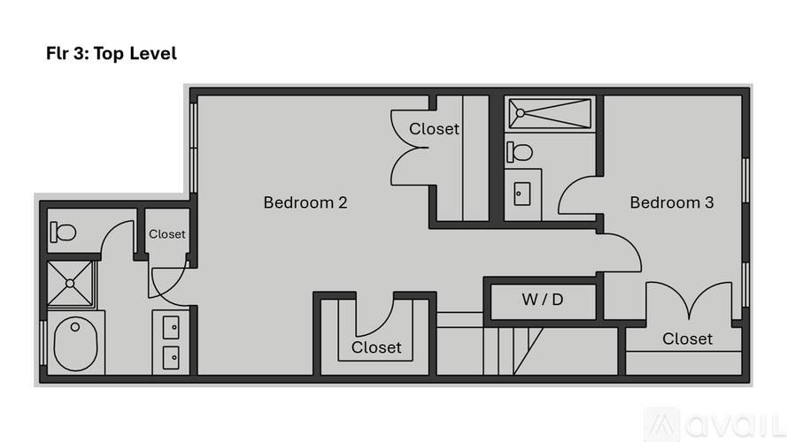 A floor plan of a top level apartment with three bedrooms and closets.