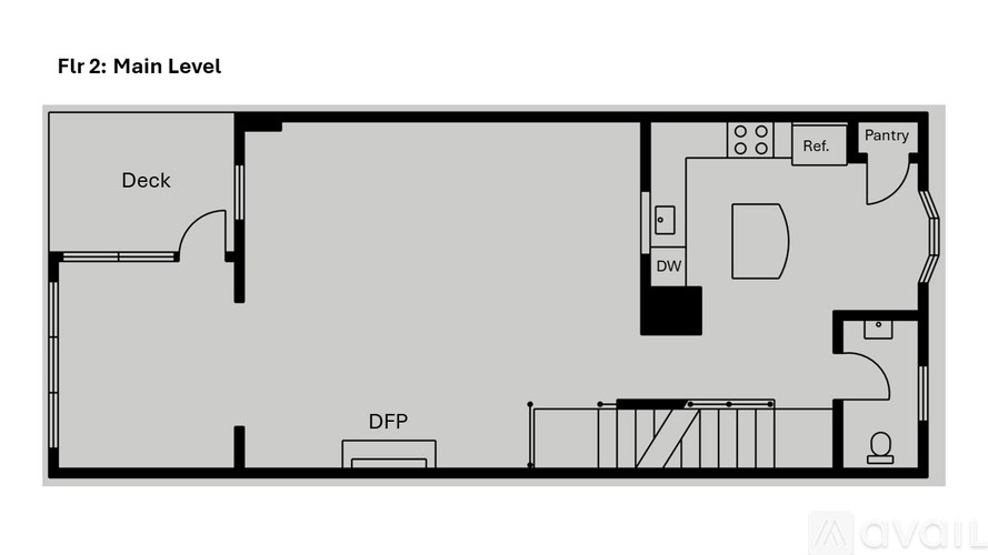 A floor plan of a main level showing a deck, pantry, and a DFP.