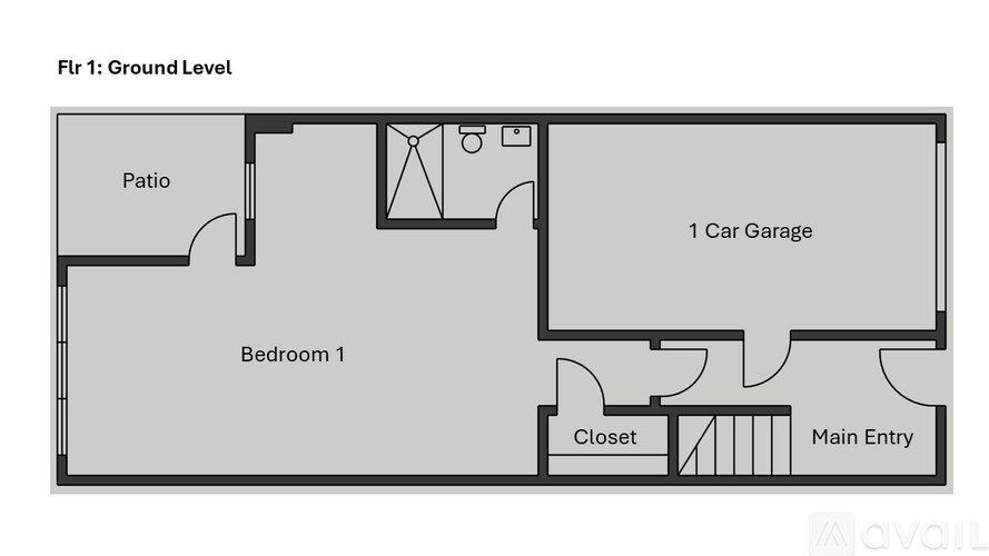 A floor plan of a ground level apartment with a patio, bedroom, closet, and garage.