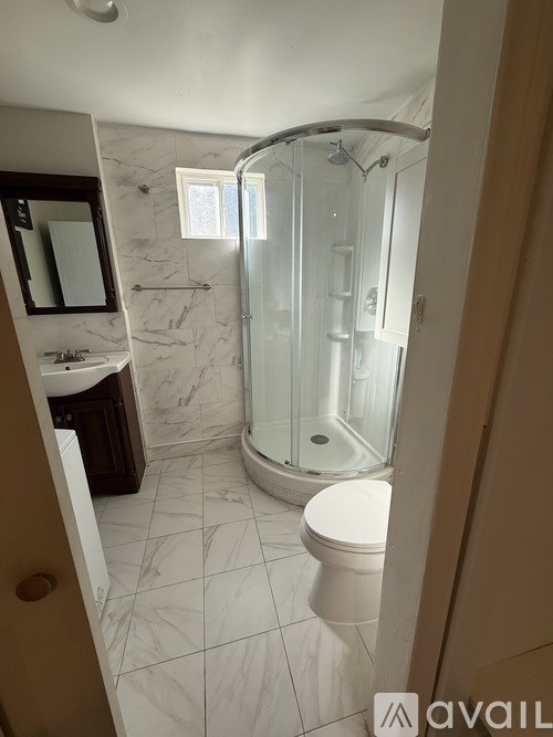 A bathroom with a walk in shower and a toilet.
