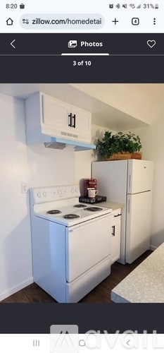 A white stove and refrigerator in a kitchen.