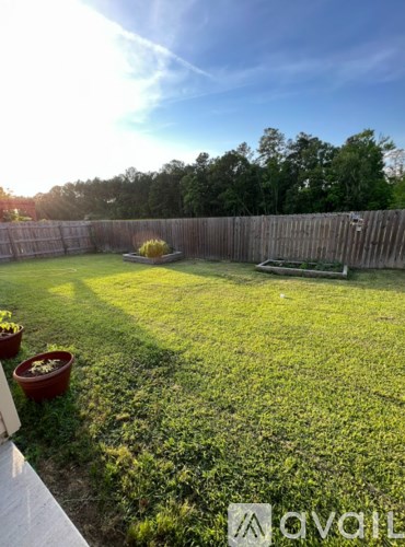 A backyard with a wooden fence and a green lawn.