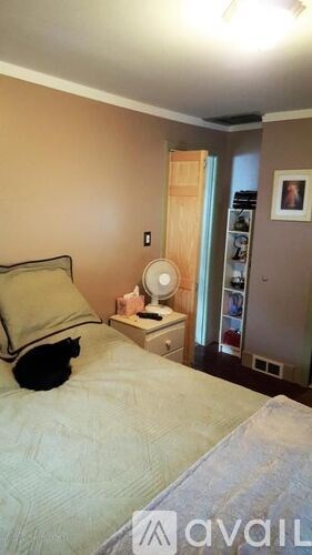 A bedroom with a bed, a fan, and a wardrobe.