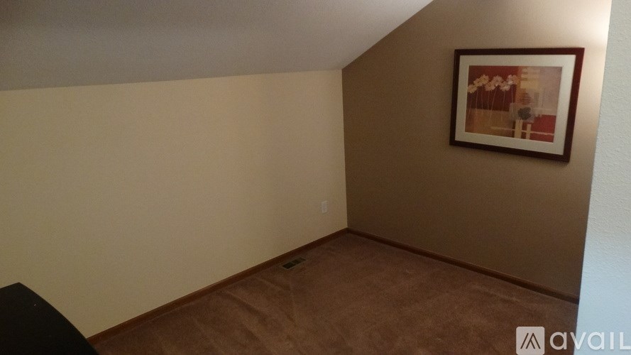 A room with a brown carpet and a framed picture on the wall.