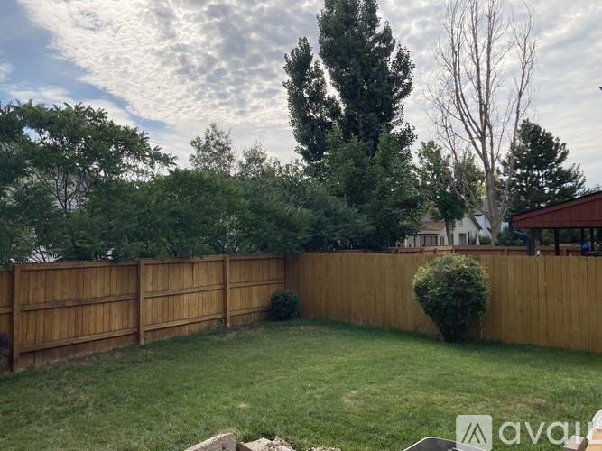 A backyard with a wooden fence and a green lawn.