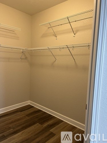 Empty walk-in closet with shelves and wood floors.