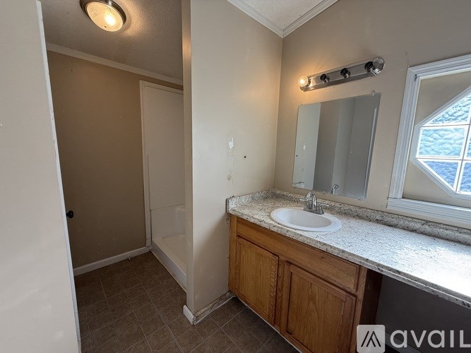 A bathroom with a sink, mirror, and light fixture.