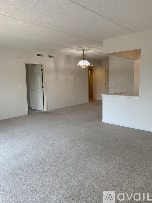 A spacious room with a carpeted floor and a ceiling fan.
