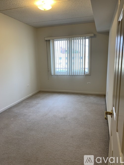 A room with a carpeted floor, a window with blinds, and a door with a handle.