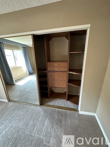 A room with a carpeted floor and a large wardrobe with drawers and shelves.