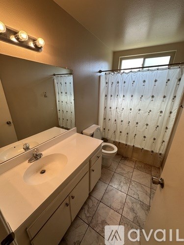 A bathroom with a sink, toilet, and shower curtain.