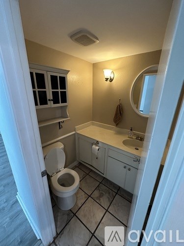 A bathroom with a toilet, sink, and mirror.