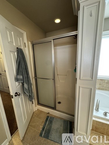 A bathroom with a walk-in shower and a towel hanging on the door.