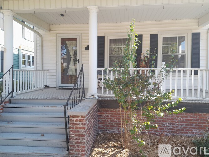 A house with a porch and a plant in front.
