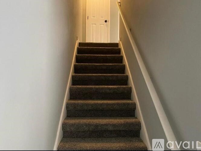 A staircase with a carpeted runner and a white door at the top.