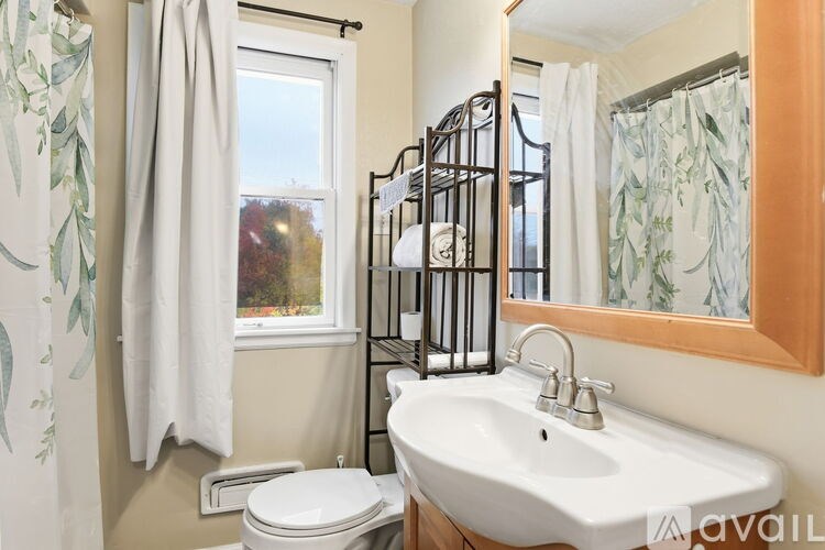 A bathroom with a toilet, sink, and a window.