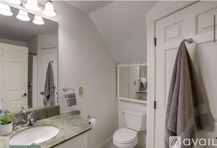 A bathroom with a toilet, sink, mirror, and a towel hanging on the door.